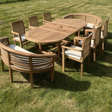 Teak Garden Furniture Set 4cm 180cm - 240cm Extending Dining Table & 6 Chairs + 2 Harmony Curve Benches