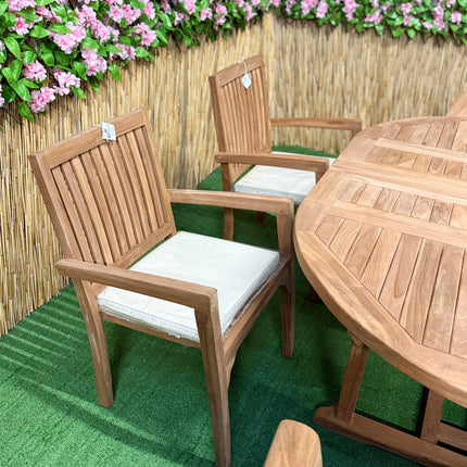 Teak Deluxe Garden Furniture Set 6 Seater 120cm - 170cm Dining Table 4  Elysian Stacking Chairs & 2 Harmony Chairs With Cushions