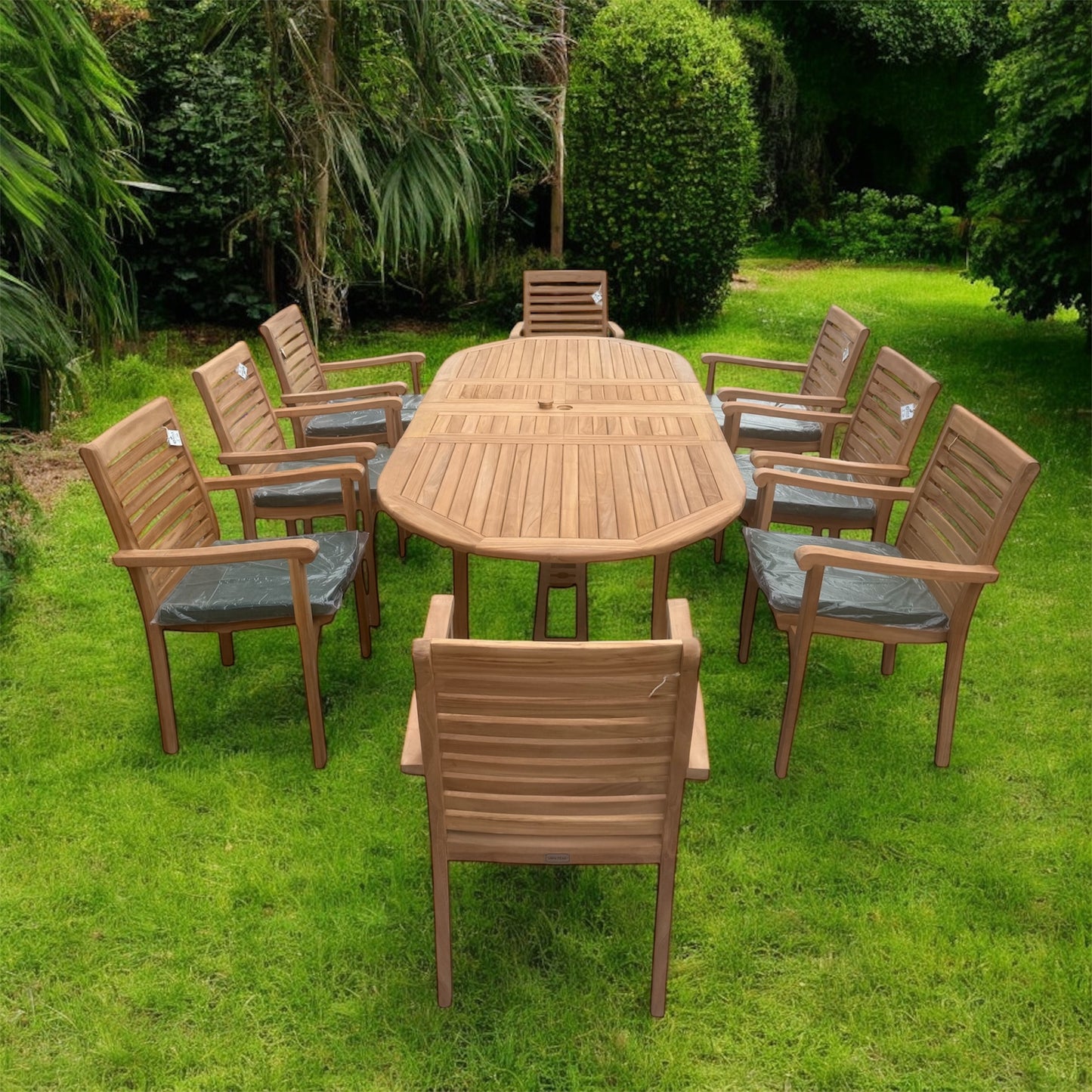 Teak Garden Furniture Set 180cm - 240cm Extending Dining Table & 8 Haven Chairs with Cushions