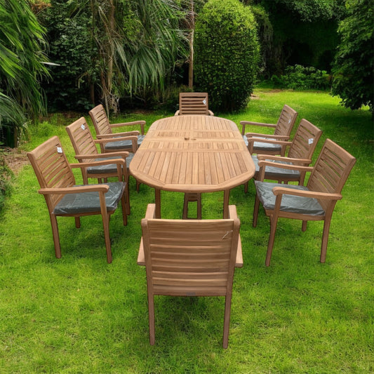 Teak Garden Furniture Set 180cm - 240cm Extending Dining Table & 8 Haven Chairs with Cushions