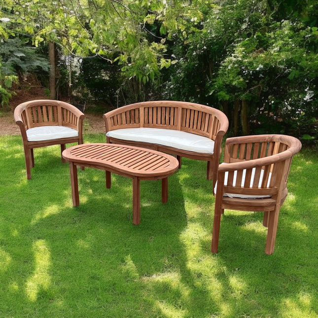 Teak Harmony Curved Garden Bench Set Vertical With Coffee Table Four Piece