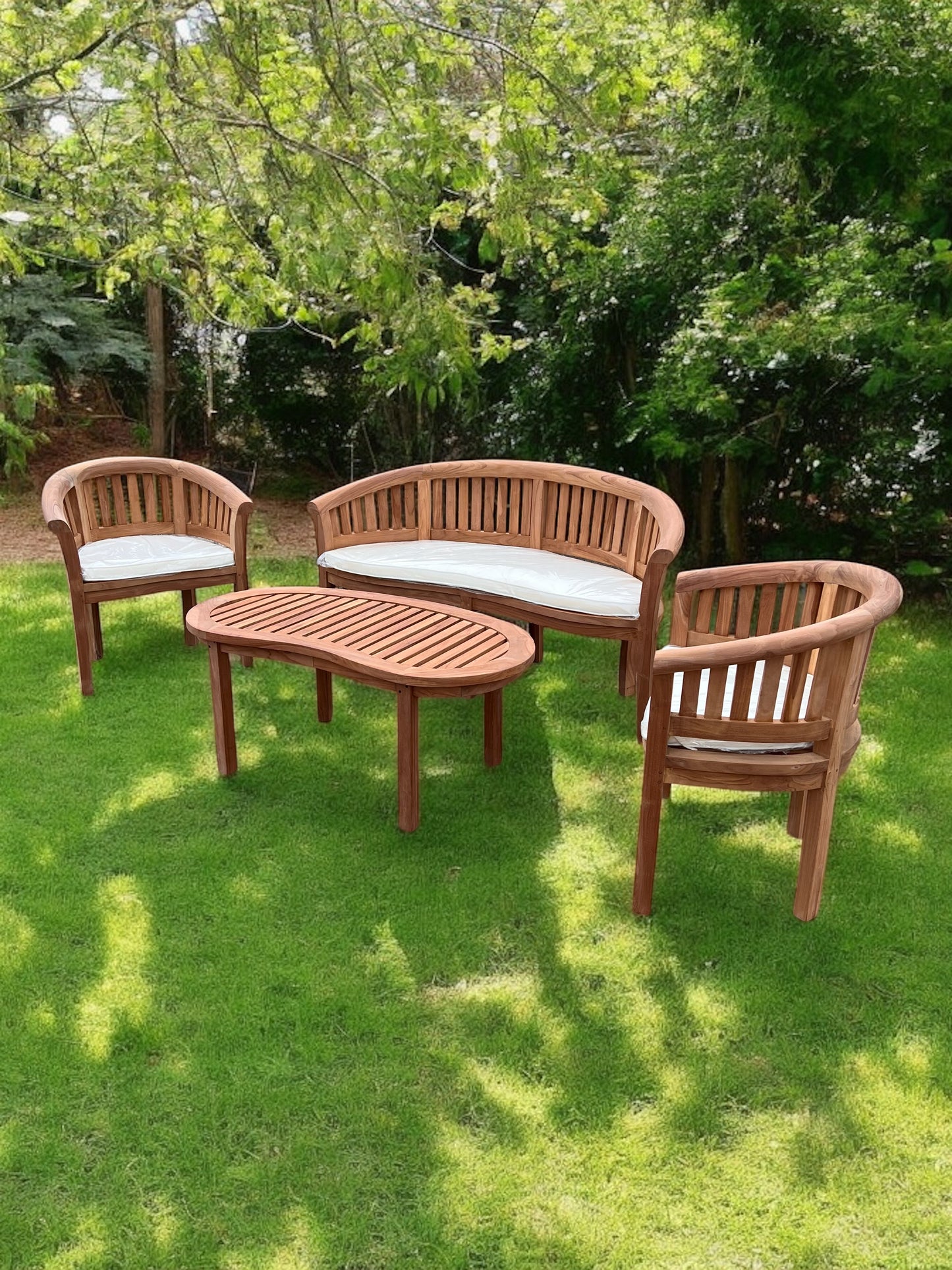 Teak Banana Curved Garden Bench Set With Coffee Table Four Piece