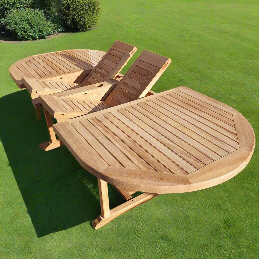 Teak Deluxe Garden Furniture Set 200cm - 300cm Oval Dining Table 4CM Thick 2 Horizontal Benches & 6 Deluxe Banana Chairs With Cushions