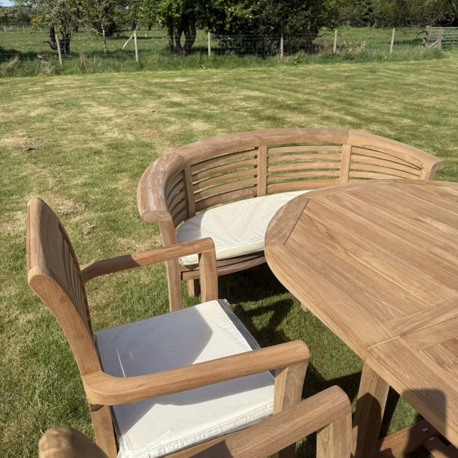 Teak Garden Furniture Set 4cm 180cm - 240cm Extending Dining Table & 6 Chairs + 2 Harmony Curve Benches