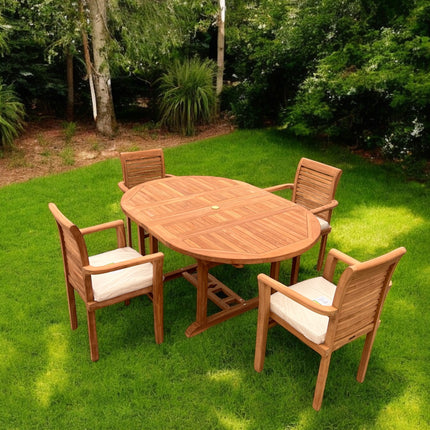 Teak Deluxe Garden Furniture Set 120cm - 170cm Oval Dining Table 4cm Thick & 6 Enclave Stacking Chairs With Cushions