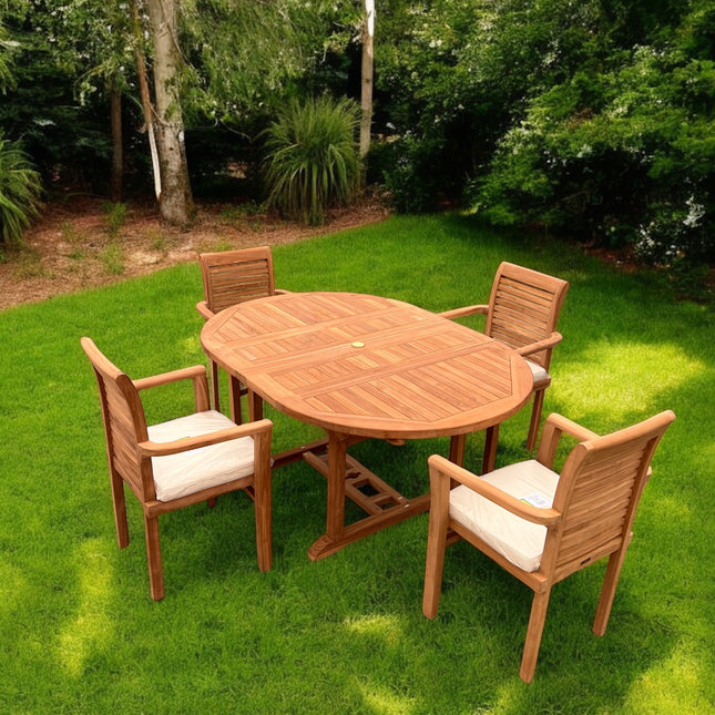 Teak Deluxe Garden Furniture Set 120cm - 170cm Oval Dining Table 4cm Thick & 6 Enclave Stacking Chairs With Cushions