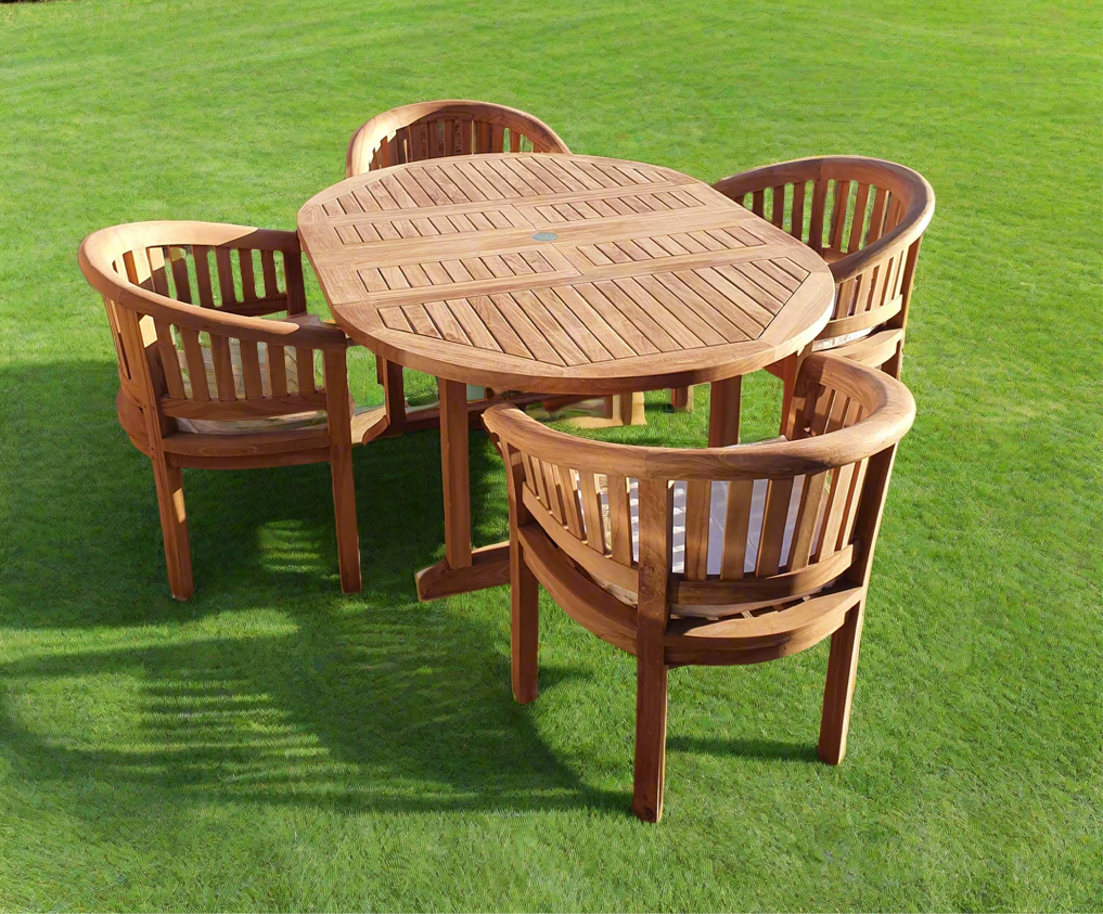 Teak Deluxe Garden Furniture Set 120cm - 170cm Dining Table & 4 Banana Chairs With Cushions!