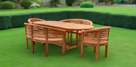 Teak Garden Furniture Set 180cm - 240cm Dining table, 2 Horizontal Banana Benches & 2 Horizontal Banana Chairs with Cushions