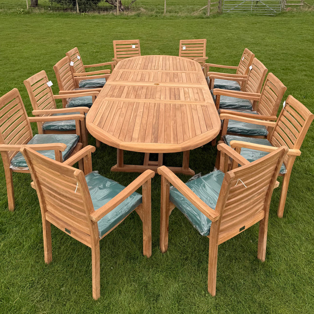 Teak Deluxe Garden Furniture Set 200cm - 300cm Dining Table 4CM Thick & 12 Chairs With Cushions