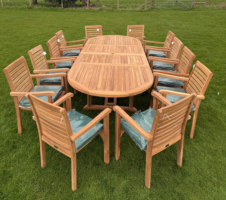Teak Deluxe Garden Furniture Set 200cm - 300cm Dining Table 4CM Thick & 12 Chairs With Cushions
