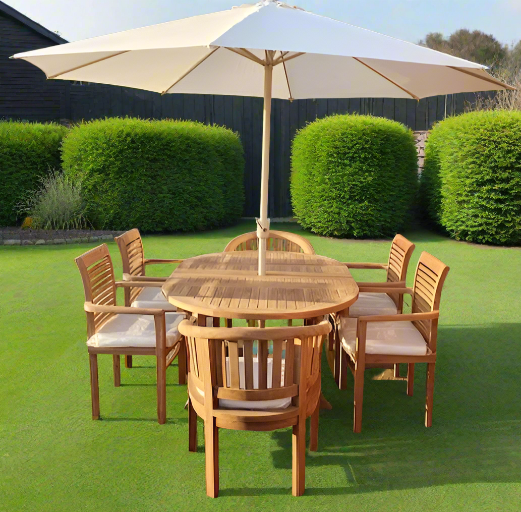 Teak Deluxe Garden Furniture Set 120cm - 170cm Dining Table 4  Western Stacking Chairs & 2 Banana Chairs With Cushions!