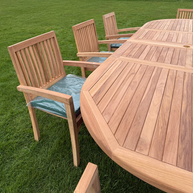 Teak Deluxe Garden Furniture Set 200cm - 300cm Dining Table 4CM Thick & 10 Elysian Chairs With Cushions