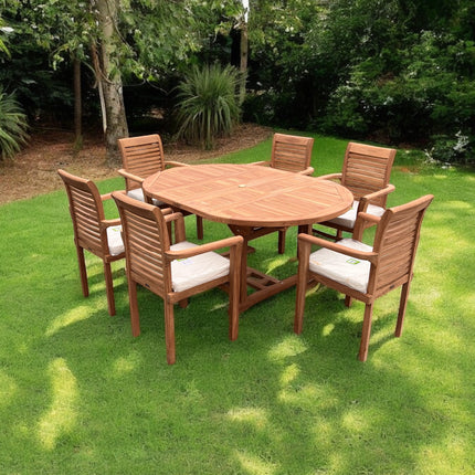Teak Deluxe Garden Furniture Set 120cm - 170cm Oval Dining Table 4cm Thick & 6 Enclave Stacking Chairs With Cushions