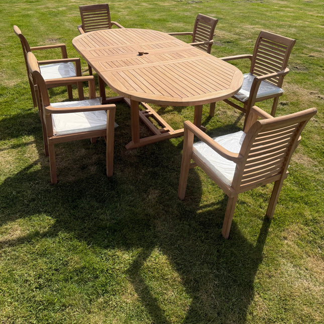 Teak Garden Furniture Set 4cm Top 180cm - 240cm Dining table & 6 Eden Stacking Chairs