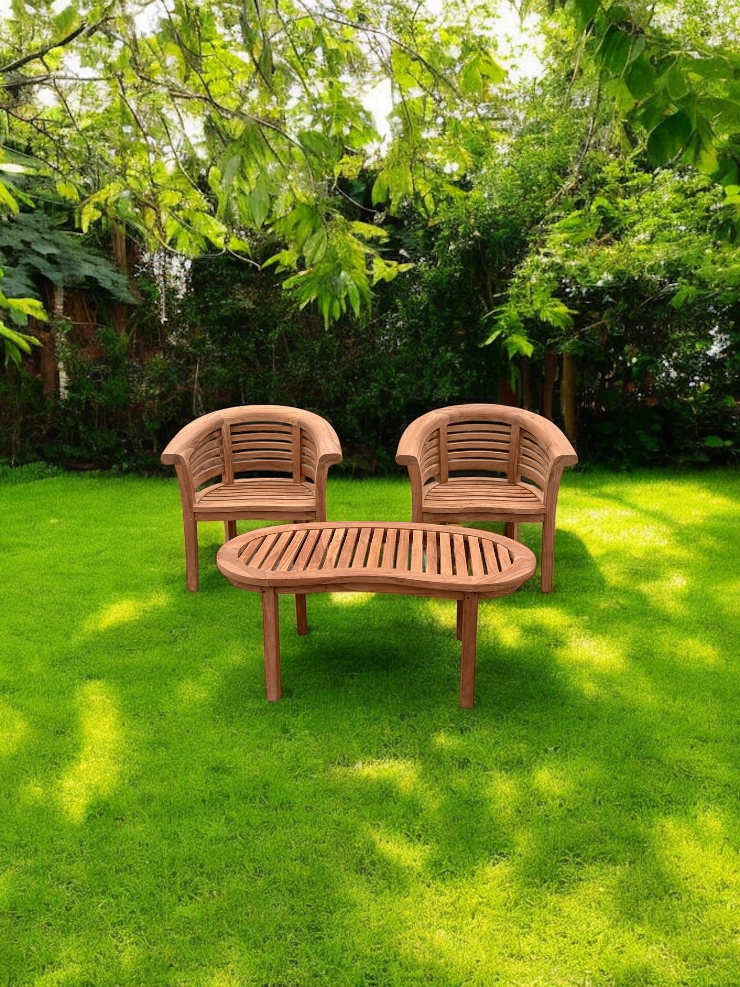 Teak Banana Curved Garden Bench Set Horizontal With Coffee Table Three Piece Extra Thick (Deluxe)