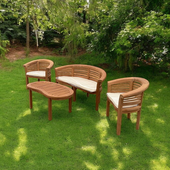Teak Harmony Curved Garden Bench Set Horizon Extra Thick Four Piece