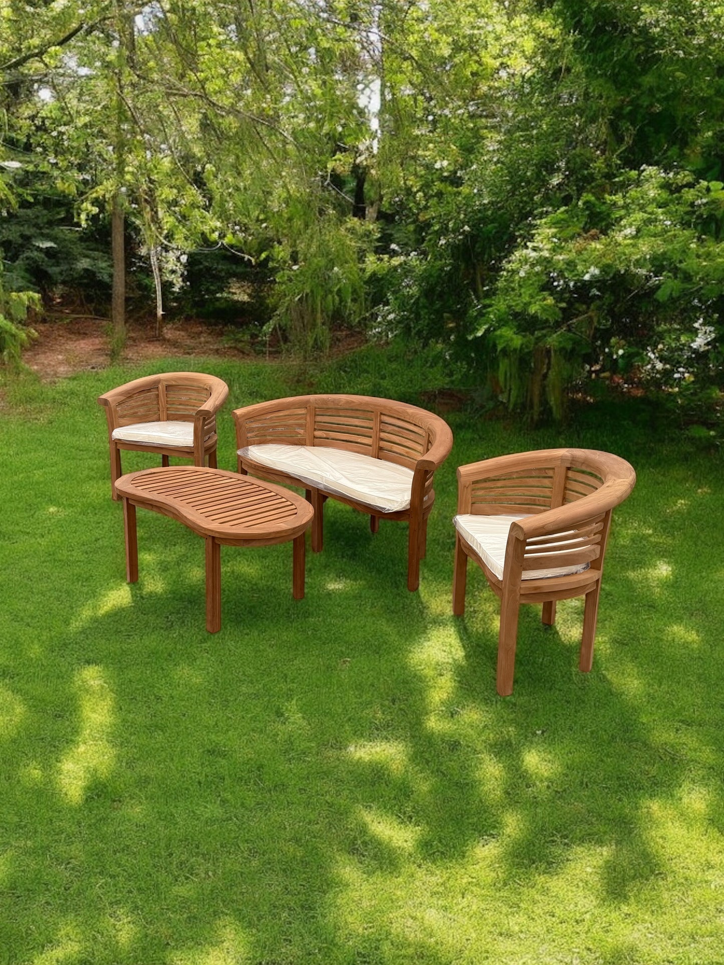 Teak Banana Curved Garden Bench Set Horizontal Extra Thick Four Piece