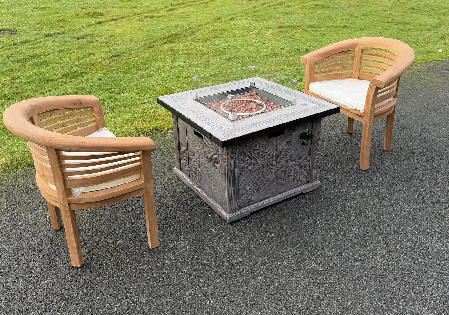 Teak Banana Chairs and Firepit Set Grey