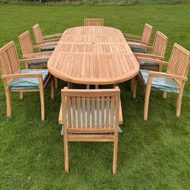Teak Deluxe Garden Furniture Set 200cm - 300cm Dining Table 4CM Thick & 10 Elysian Chairs With Cushions