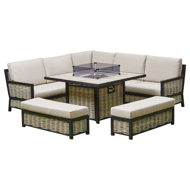 Cotswold Aluminium Rattan Corner Dining Set With Fire Pit – BEIGE