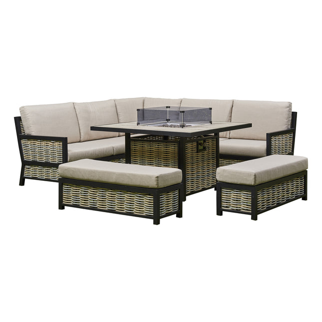 Cotswold Aluminium Rattan Corner Dining Set With Fire Pit – BEIGE