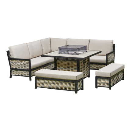 Cotswold Aluminium Rattan Corner Dining Set With Fire Pit – BEIGE