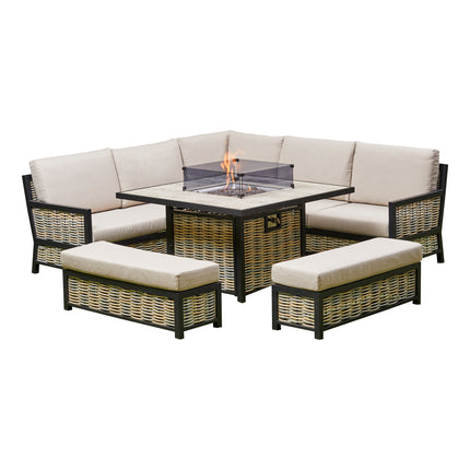 Cotswold Aluminium Rattan Corner Dining Set With Fire Pit – BEIGE