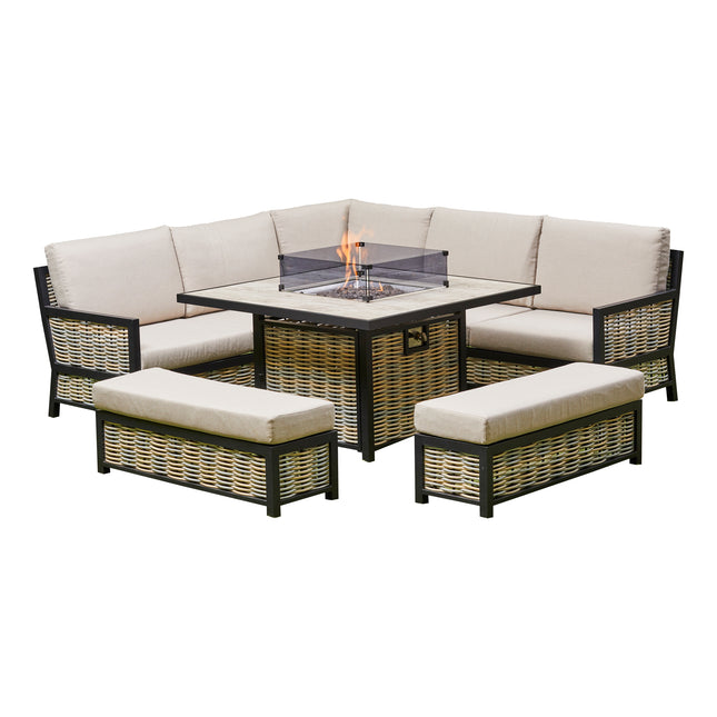 Cotswold Aluminium Rattan Corner Dining Set With Fire Pit – BEIGE