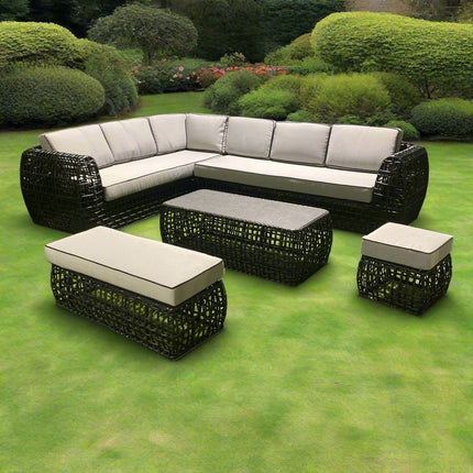 Rattan Corner Sofa Set – Black Outdoor Patio Furniture