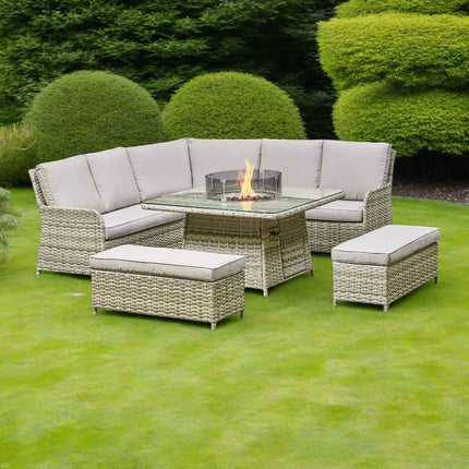 LUXURY RATTAN CORNER DINING SET WITH FIRE PIT – BEIGE Outdoor Patio Furniture