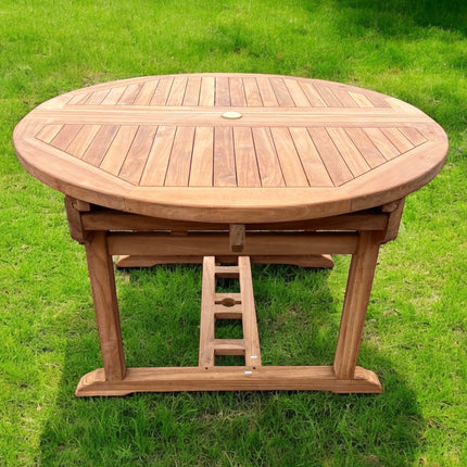 Teak Deluxe Garden Furniture Set 120cm - 170cm Oval Dining Table 4cm Thick & 6 Enclave Stacking Chairs With Cushions