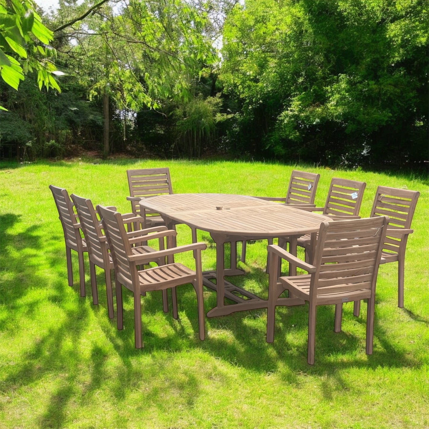 Teak Garden Furniture Set 180cm - 240cm Extending Dining Table & 8 Haven Chairs with Cushions