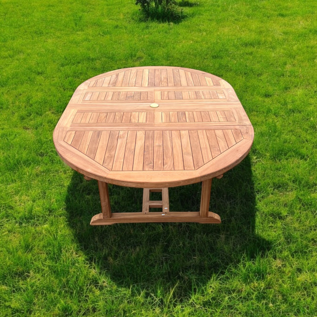 Teak Deluxe Garden Furniture Set 120cm - 170cm Oval Dining Table 4cm Thick & 6 Enclave Stacking Chairs With Cushions