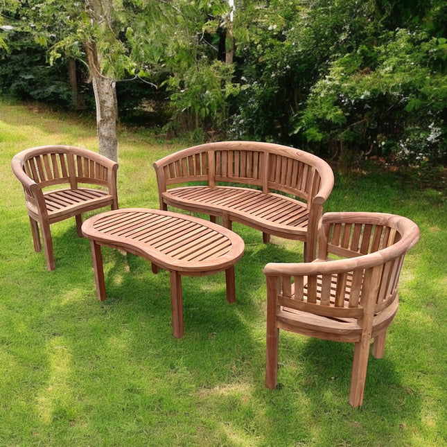 Teak Harmony Curved Garden Bench Set Vertical With Coffee Table Four Piece