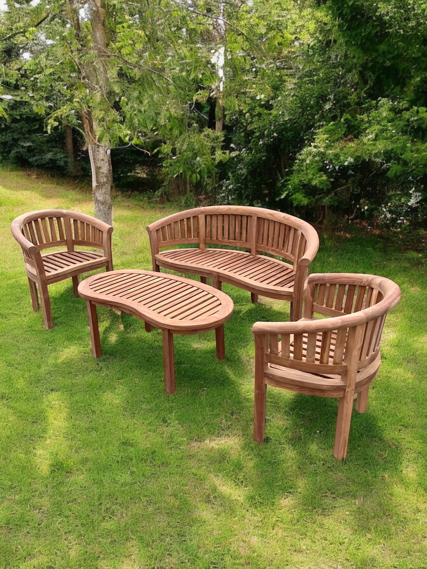 Teak Banana Curved Garden Bench Set With Coffee Table Four Piece