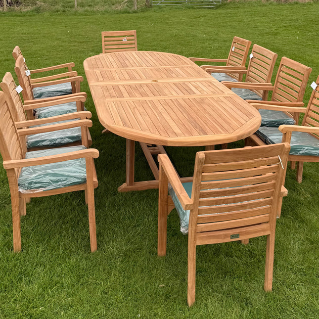Teak Deluxe Garden Furniture Set 200cm - 300cm Dining Table 4CM Thick & 10 Chairs With Cushions