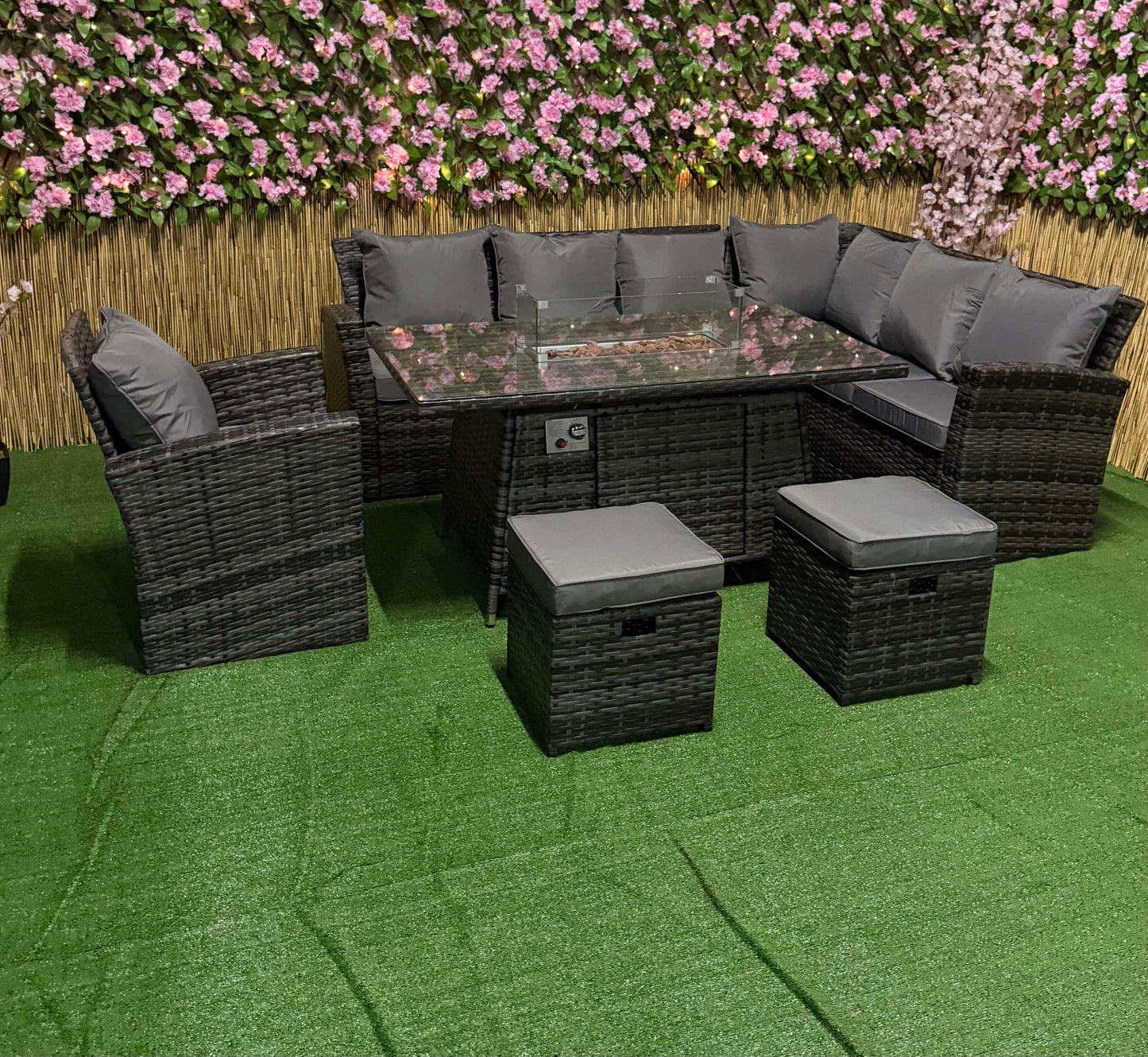 Rattan Garden Furniture Gas Fire Pit And Corner Sofa Set Outdoor Furniture Patio