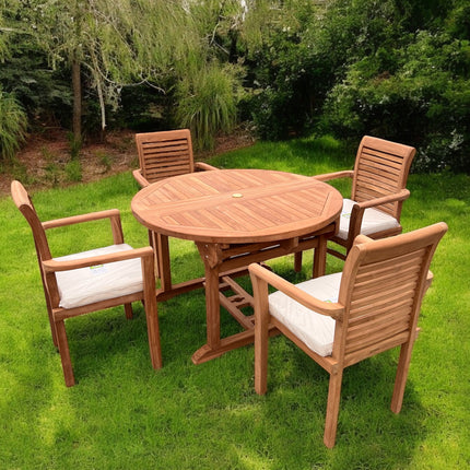 Teak Deluxe Garden Furniture Set 120cm - 170cm Oval Dining Table 4cm Thick & 6 Enclave Stacking Chairs With Cushions