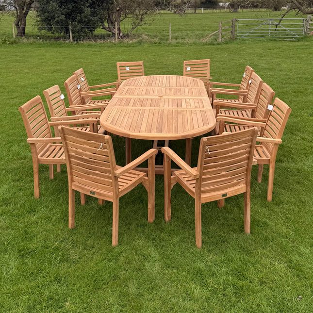 Teak Deluxe Garden Furniture Set 200cm - 300cm Dining Table 4CM Thick & 12 Chairs With Cushions