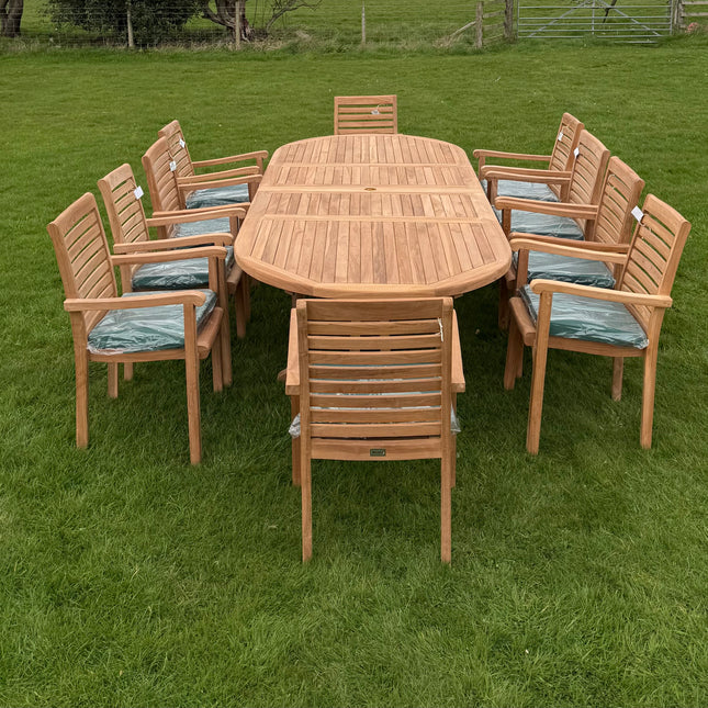 Teak Deluxe Garden Furniture Set 200cm - 300cm Dining Table 4CM Thick & 10 Chairs With Cushions