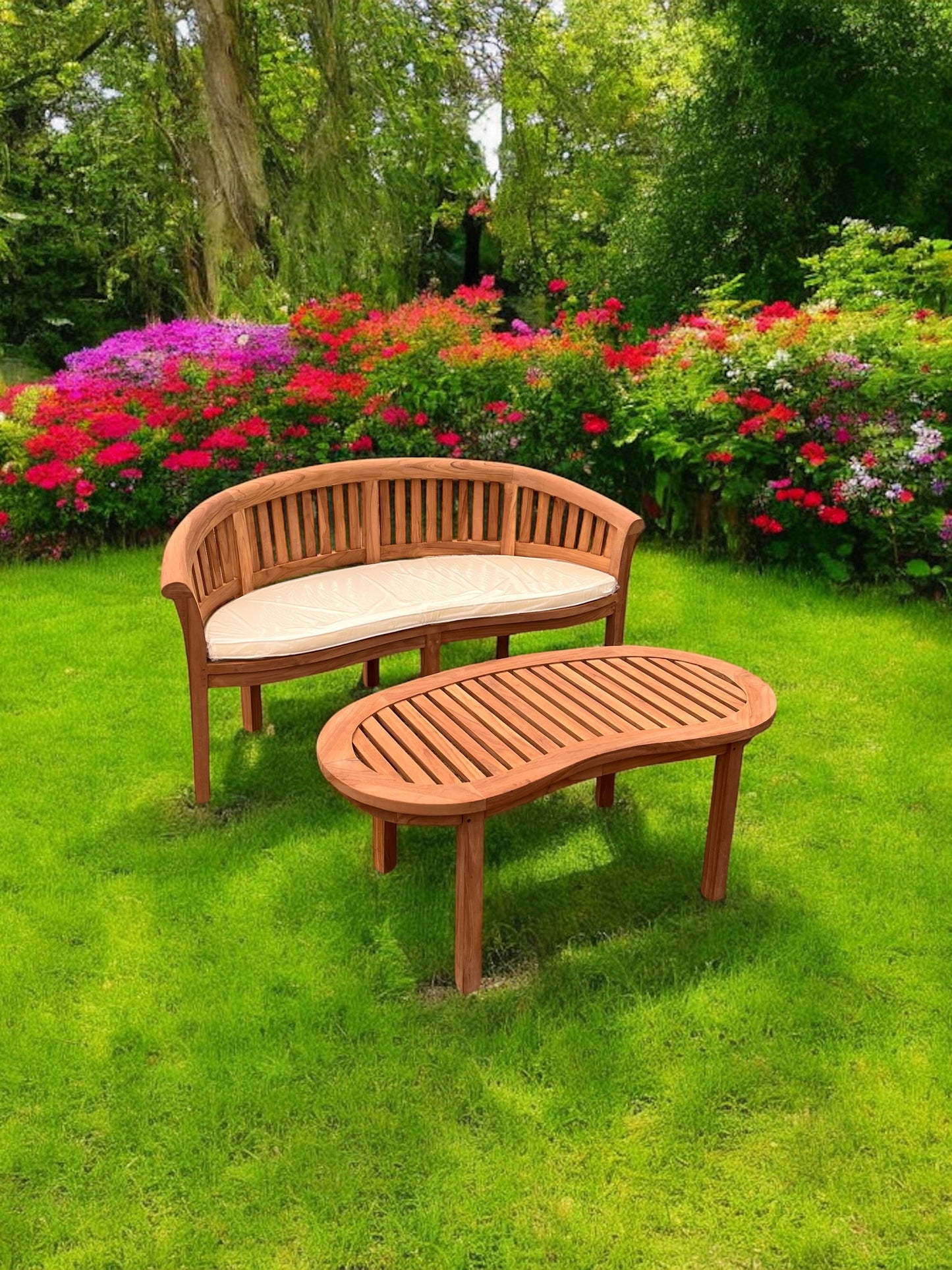 Teak Banana Curved Garden Bench With Coffee Table Two Piece Set