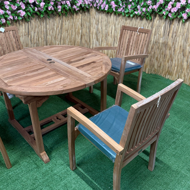 Teak Deluxe Garden Furniture Set 120cm - 170cm Oval Dining Table 4cm Thick & 4 Elysian Stacking Chairs With Cushions