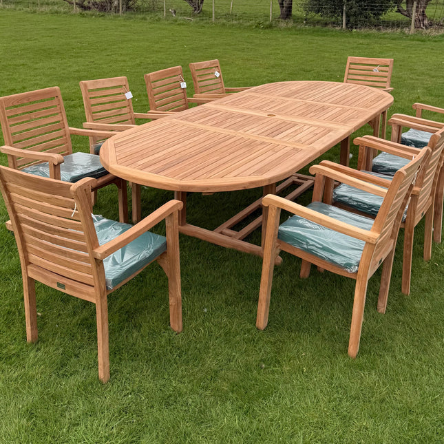 Teak Deluxe Garden Furniture Set 200cm - 300cm Dining Table 4CM Thick & 10 Chairs With Cushions