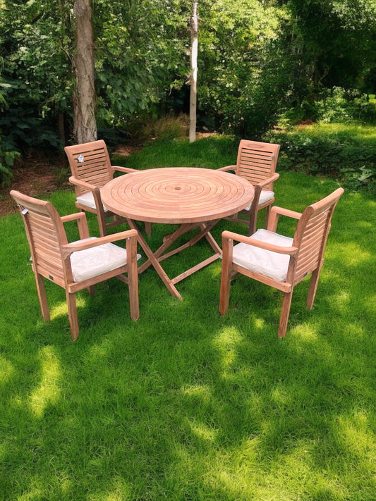 Teak Ripple Dining Set Foldable Table & Four Stacking Chairs