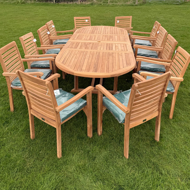 Teak Deluxe Garden Furniture Set 200cm - 300cm Dining Table 4CM Thick & 12 Chairs With Cushions