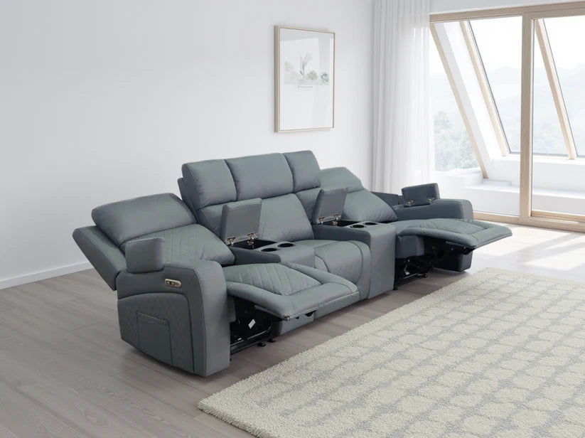 Cosmo 3 Seater Electric Recliner Cinema Sofa – Stylish Grey Leather Comfort Seating