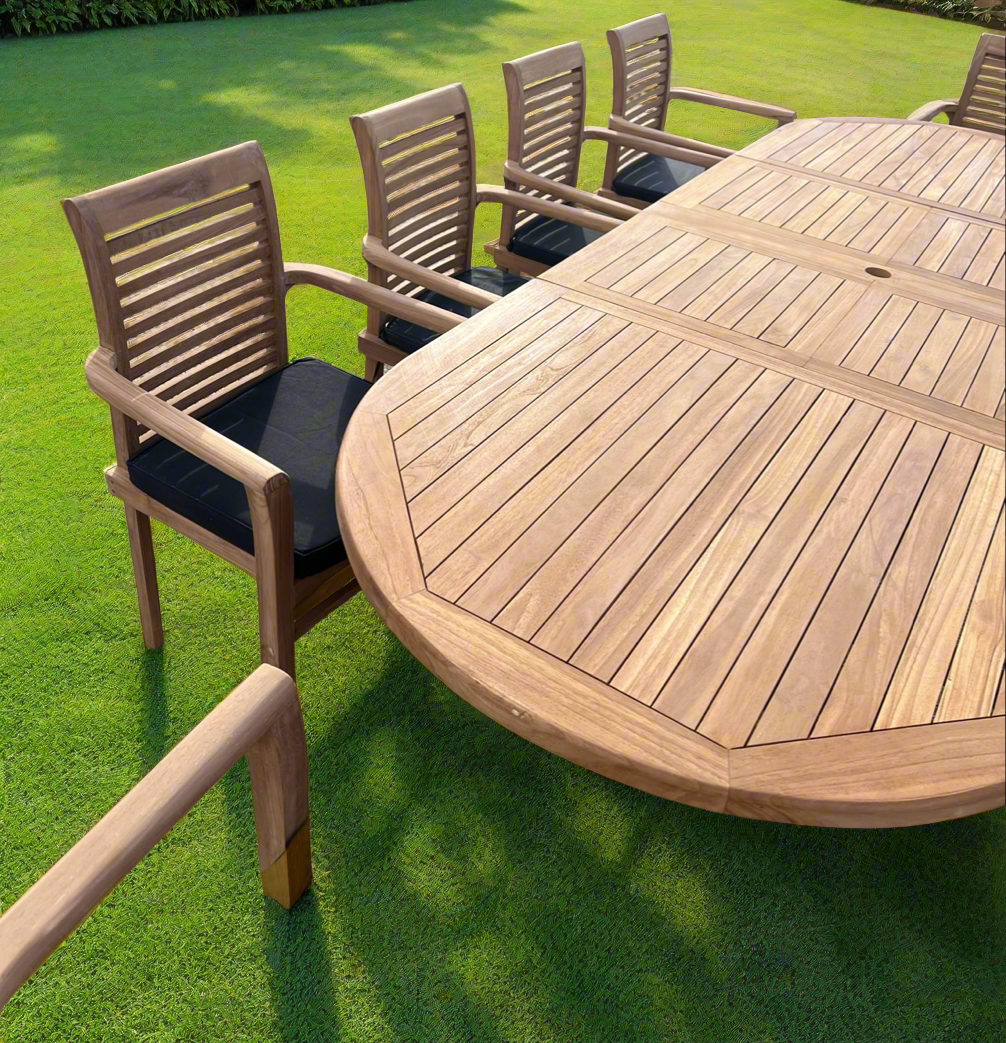 Teak Deluxe Garden Furniture Set 200cm - 300cm Dining Table 4CM Thick & 10 Chairs With Cushions