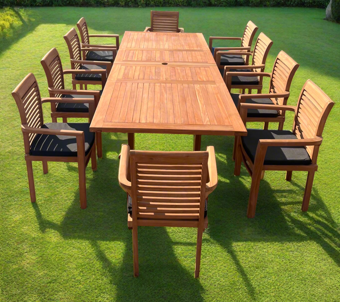 Teak Deluxe Garden Furniture Set 200cm - 300cm Dining Table 4CM Thick & 10 Chairs With Cushions