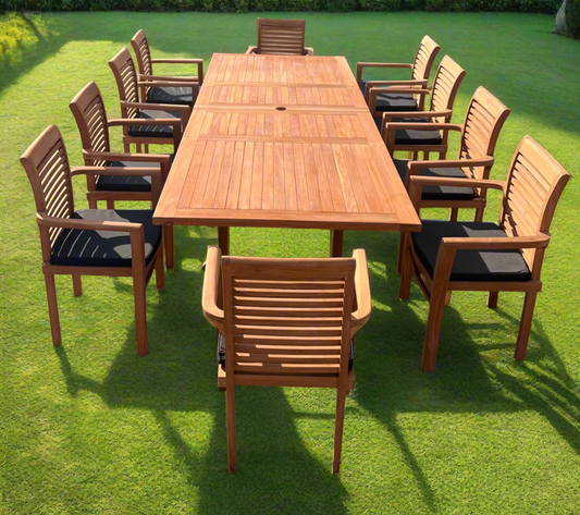 Teak Deluxe Garden Furniture Set 200cm - 300cm Dining Table 4CM Thick & 10 Chairs With Cushions