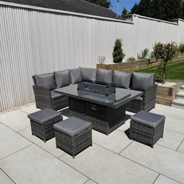 Luxury Monaco Rattan Firepit Corner Garden Set Outdoor Patio Furniture - Grey